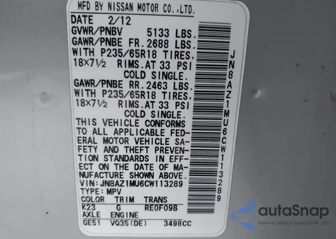 2012 Nissan Murano S from USA, damaged, VIN JN8AZ1MU6CW113289